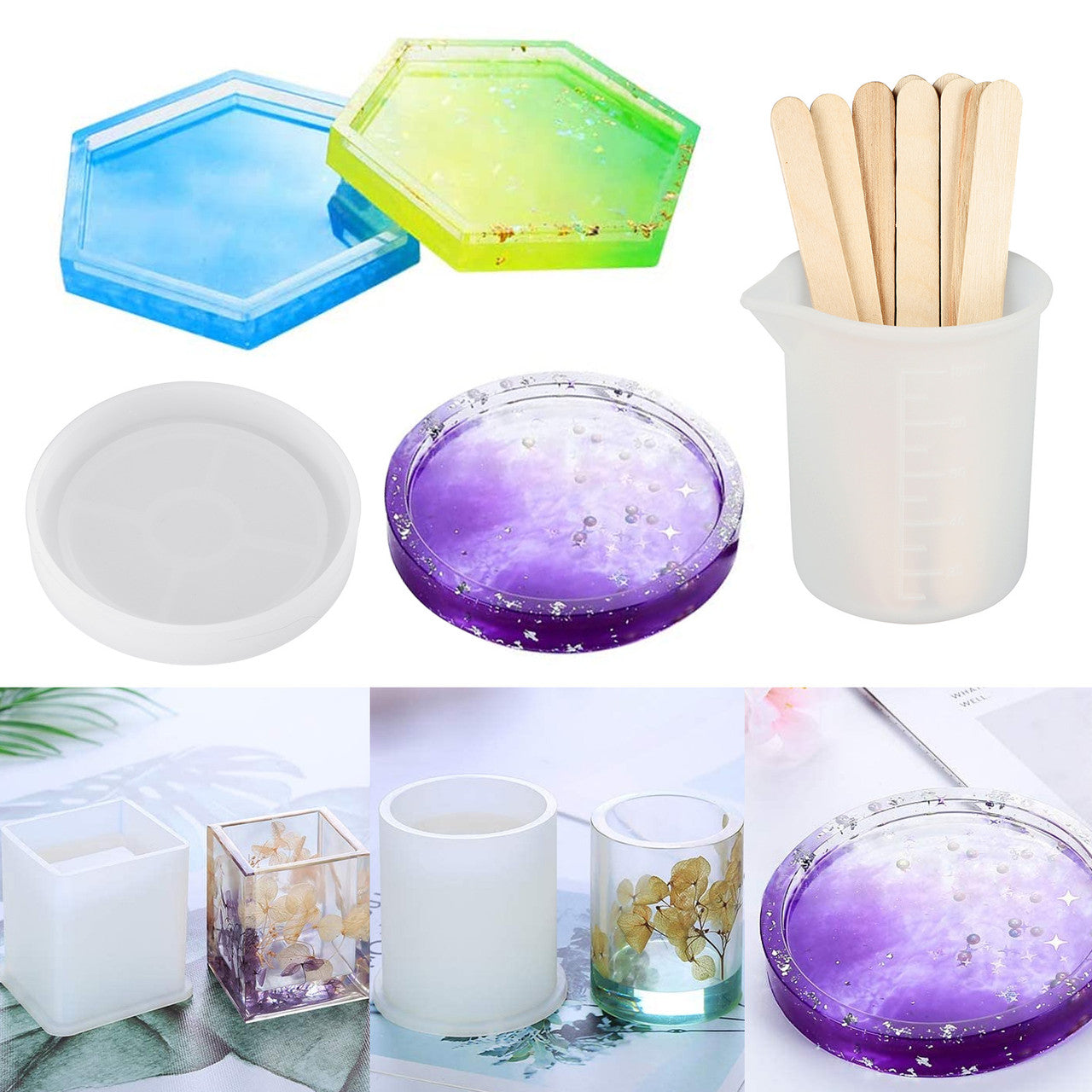 26Pcs Silicone Resin Casting Molds Tools Set, Includes Cube Pyramid Square Round Epoxy Molds, Measurement Cup and Sticks, for DIY Coaster, Pen Soap Candle Holder