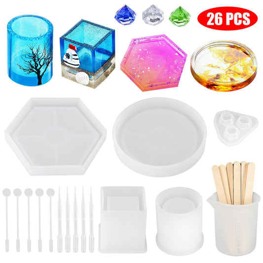 26Pcs Silicone Resin Casting Molds Tools Set, Includes Cube Pyramid Square Round Epoxy Molds, Measurement Cup and Sticks, for DIY Coaster, Pen Soap Candle Holder