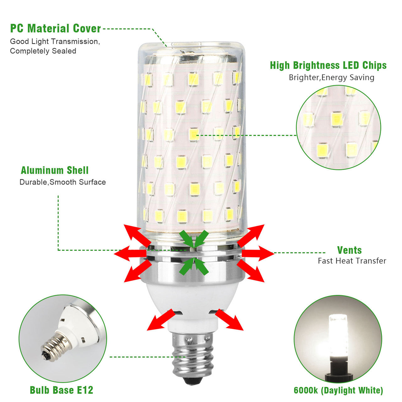 15W LED Corn Bulbs for Ceiling Fan, 6000K, White