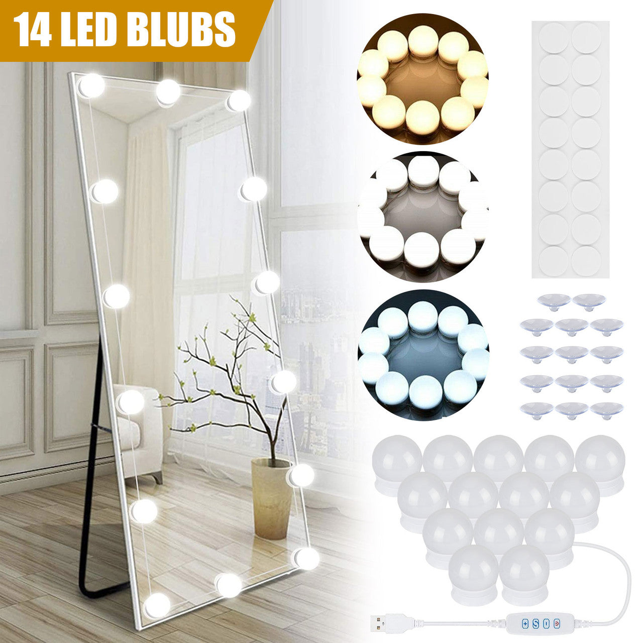 Vanity Lights for Mirror, DIY Hollywood Style Makeup Lights with Suction Cups, LED Bathroom Mirror Lights Stick on, 14 Dimmable Light Bulbs for Makeup Table Dressing Room (Mirror Not Include)