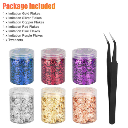 Gold Foil Flakes for Resin, 6 Bottles Metallic Foil Flakes 18g with 1 Tweezers, Imitation Gold Foil Flakes Gilding Leaf for Nail/ Art Painting/ Crafts/ Slime/ Resin Jewelry Making, Silver/ Copper