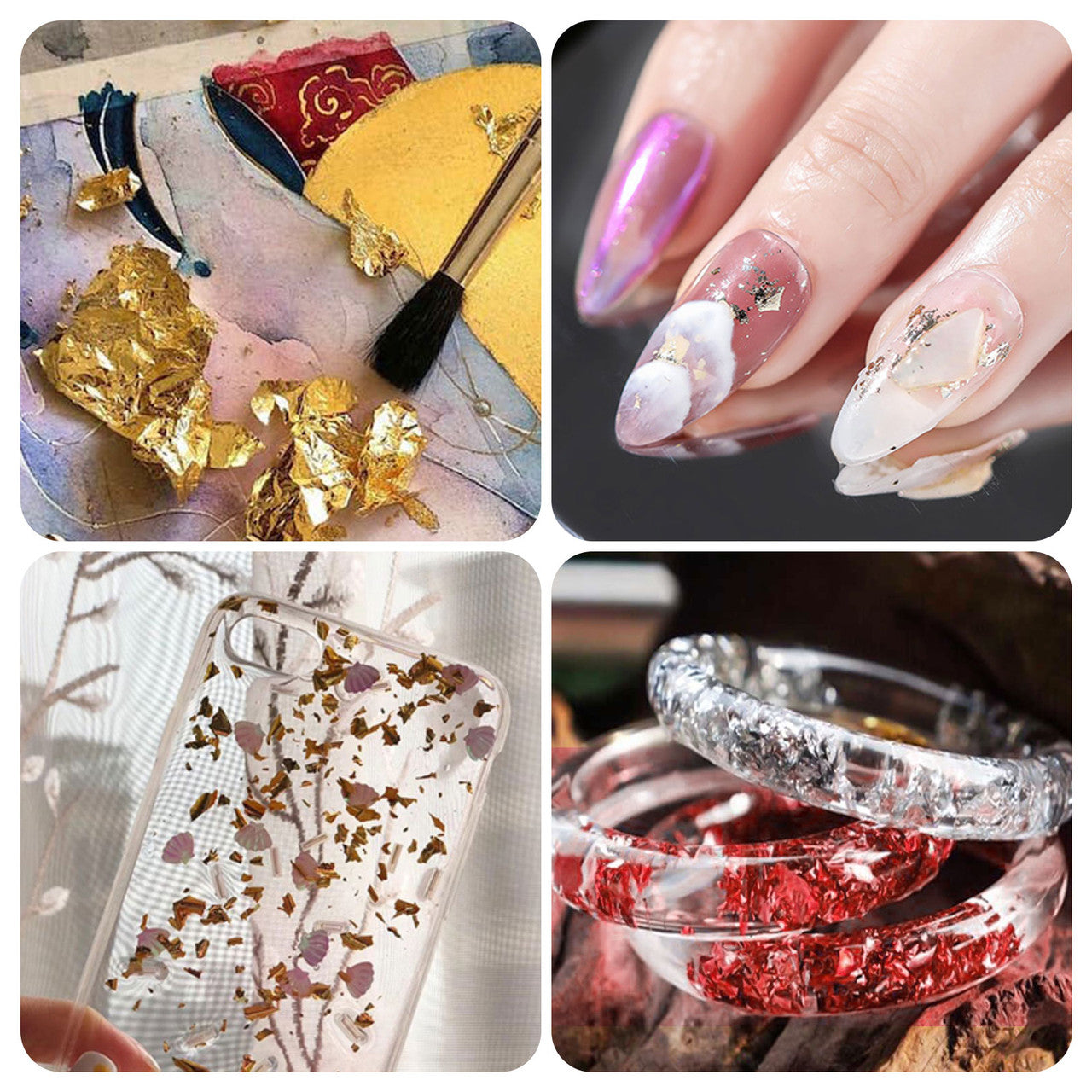 Gold Foil Flakes for Resin, 6 Bottles Metallic Foil Flakes 18g with 1 Tweezers, Imitation Gold Foil Flakes Gilding Leaf for Nail/ Art Painting/ Crafts/ Slime/ Resin Jewelry Making, Silver/ Copper