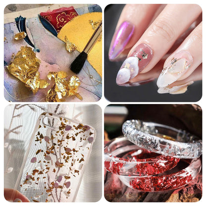 Gold Foil Flakes for Resin, 6 Bottles Metallic Foil Flakes 18g with 1 Tweezers, Imitation Gold Foil Flakes Gilding Leaf for Nail/ Art Painting/ Crafts/ Slime/ Resin Jewelry Making, Silver/ Copper