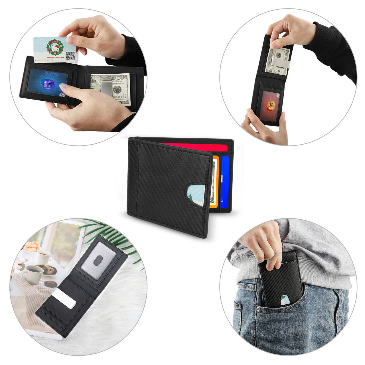 Carbon Fiber Minimalist Wallet for Men & Women, RFID Blocking Credit Card Holder Metal Wallets, Outside Notch Design 8 Card Pockets with Money Clip, Leather Bifold Slim Front Pocket for Travel