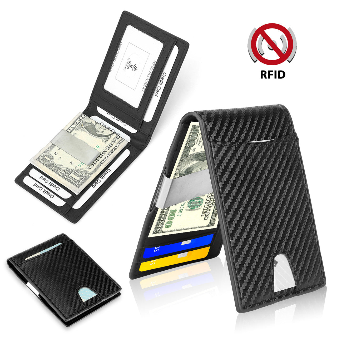 Carbon Fiber Minimalist Wallet for Men & Women, RFID Blocking Credit Card Holder Metal Wallets, Outside Notch Design 8 Card Pockets with Money Clip, Leather Bifold Slim Front Pocket for Travel