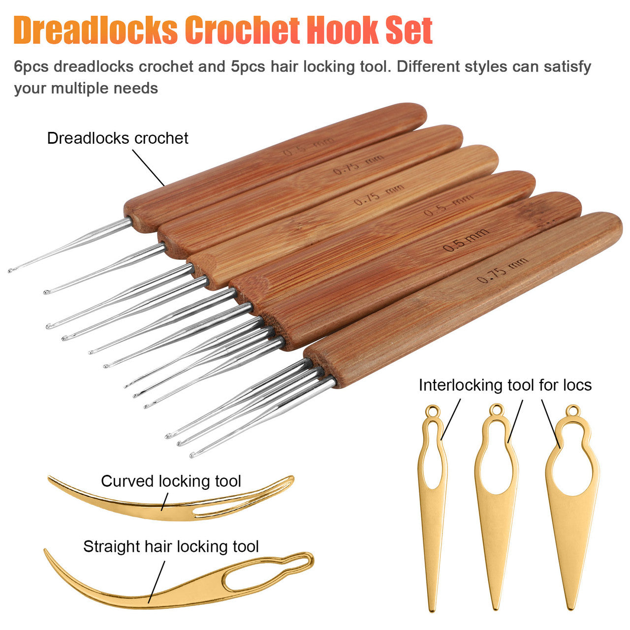 11 Pieces Dreadlock Crochet Hook Set, 6pcs Braid Hair Dreadlock Needle Weaving Crochet with Bamboo Handle and 5pcs Hair Interlocking Tool, Straight and Curved Hair Locking, for Making Braid Craft