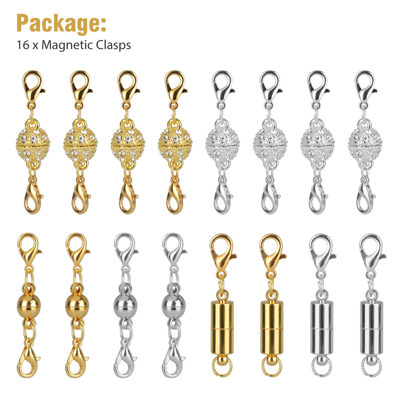 Gold and Silver Color Magnetic Lobster Clasp Converter for Necklace Bracelet Making, 16pcs