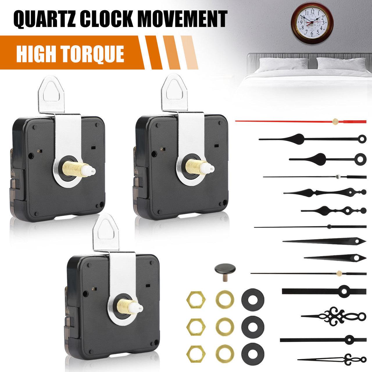 3Pcs High Torque Clock Movement Mechanism, Quartz Clock Motor Kit with 5 Different Pairs of Hands, Clock Repair Parts Replacement DIY Accessories, Long Medium Short 3 Sizes Host Fit Most Clocks