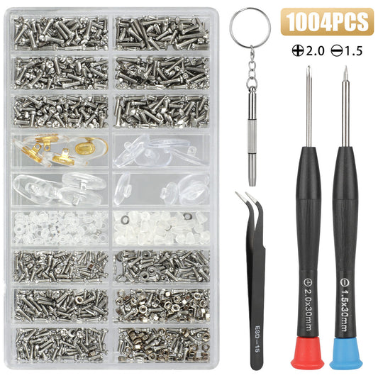 1004 pcs Eyeglass Sunglass Repair Kit, 1000 pcs Precision Glasses Screws Nut Nose Pads Tool Set, 1pcs Tweezer, 3pcs Screwdrivers Stainless Steel Screws, for Spectacles Watch Clock