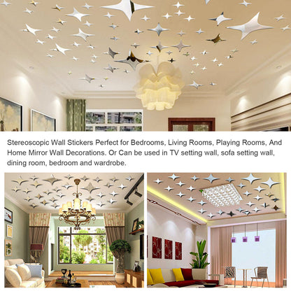 3D Stars Removable Acrylic Mirror Setting Ceiling Decal for Home Bedroom Living Room DIY Art Decor - 3 Sizes, Silver, 43Pcs