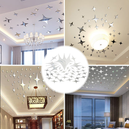 3D Stars Removable Acrylic Mirror Setting Ceiling Decal for Home Bedroom Living Room DIY Art Decor - 3 Sizes, Silver, 43Pcs