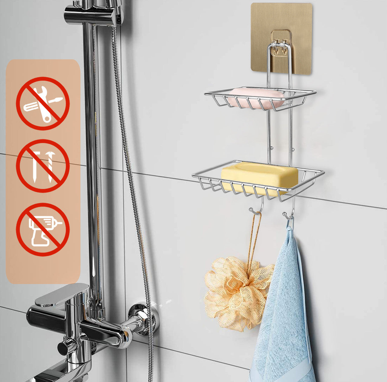 Adhesive Stainless Steel Soap Dish Container Dispenser w/Hooks for Bath Shower