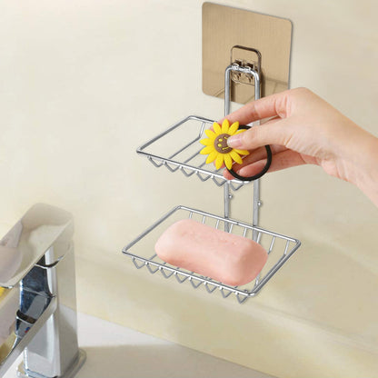 Adhesive Stainless Steel Soap Dish Container Dispenser w/Hooks for Bath Shower