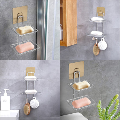 Adhesive Stainless Steel Soap Dish Container Dispenser w/Hooks for Bath Shower