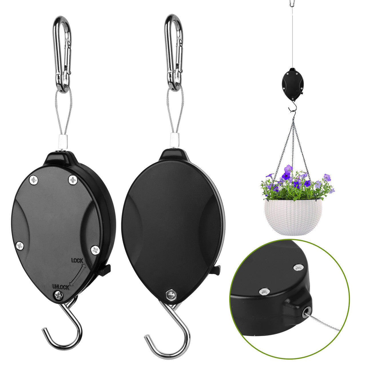 Retractable Plant Pulley Hanger Hook Flower Basket Adjustable for Garden Baskets, Pots, 2pcs