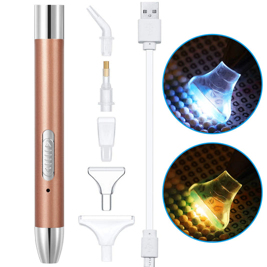 LED 5D Diamond Painting Pen with 5 Different Sizes Pen Heads, for Cross Stitch and Nail Art, Gold