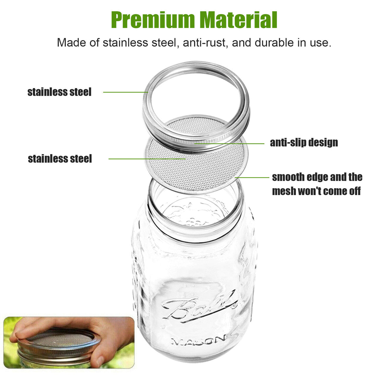 Kitchen Stainless Steel Strainer Lid for Mason Jar 87, 4 Pack