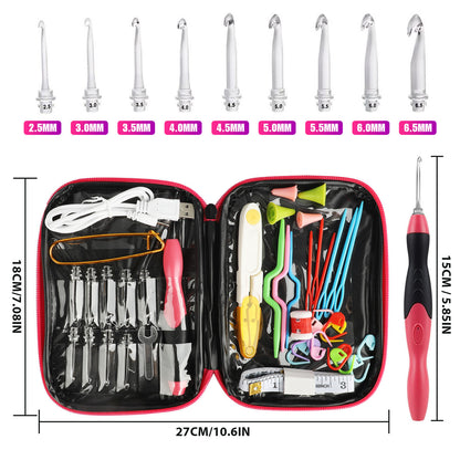 LED Rechargeable Crochet Hook Kit with Case, Interchangeable Heads Knitting Needles, 46pcs