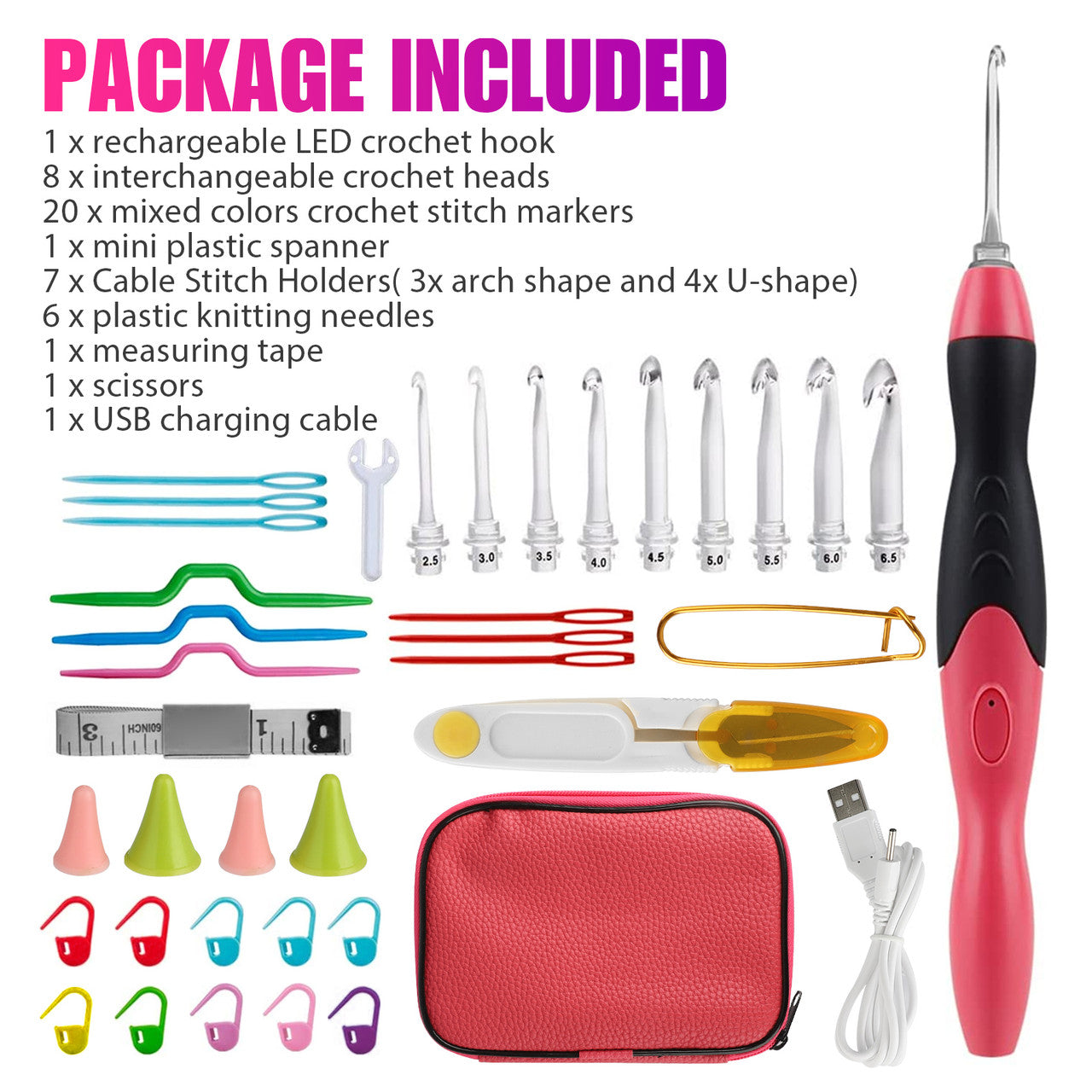 LED Rechargeable Crochet Hook Kit with Case, Interchangeable Heads Knitting Needles, 46pcs