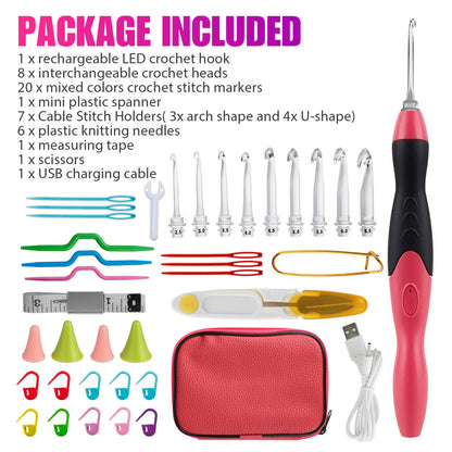 LED Rechargeable Crochet Hook Kit with Case, Interchangeable Heads Knitting Needles, 46pcs
