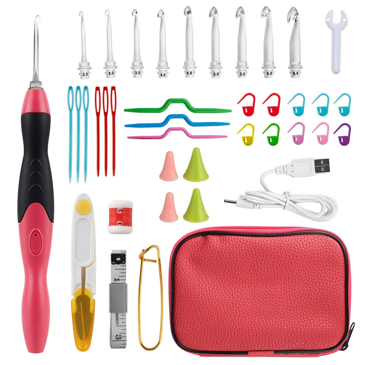 LED Rechargeable Crochet Hook Kit with Case, Interchangeable Heads Knitting Needles, 46pcs