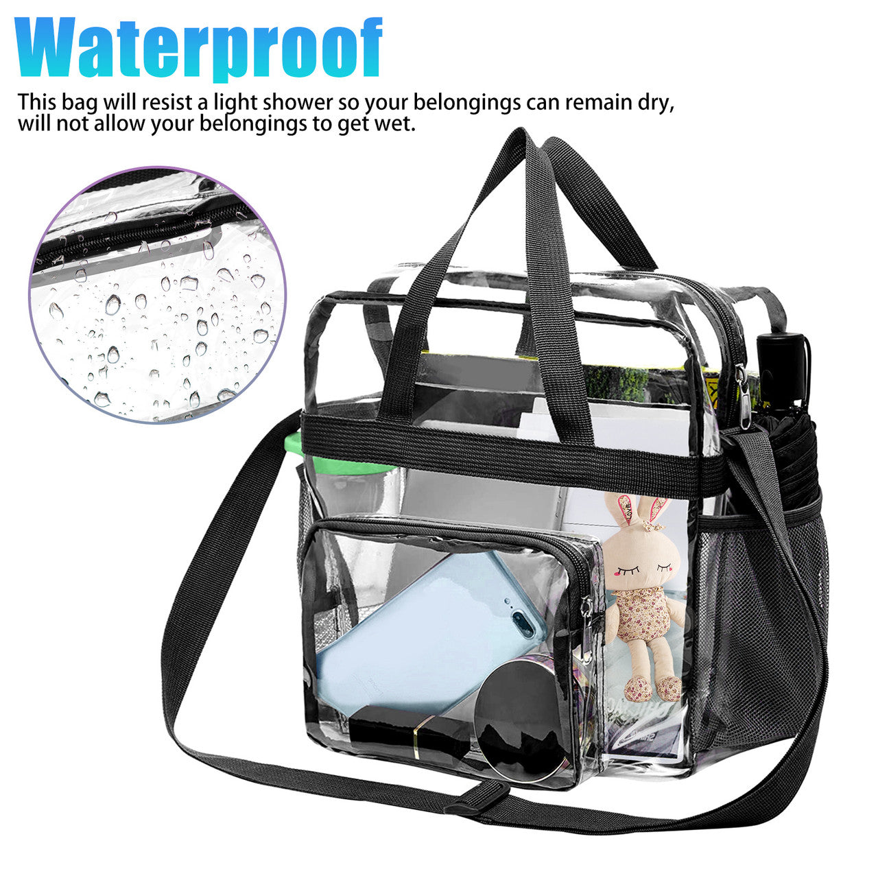 Transparent Zippered Tote Bag, See Through Messenger Shoulder Bag for Work, School, Sports Games