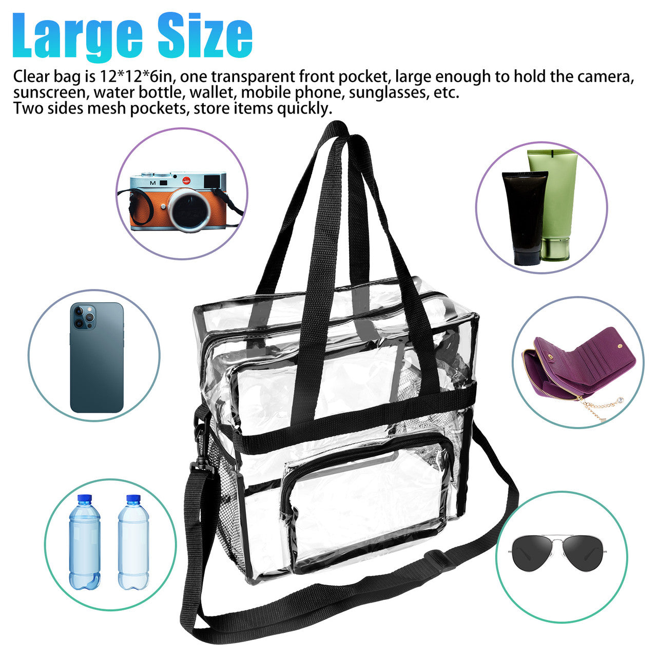 Transparent Zippered Tote Bag, See Through Messenger Shoulder Bag for Work, School, Sports Games