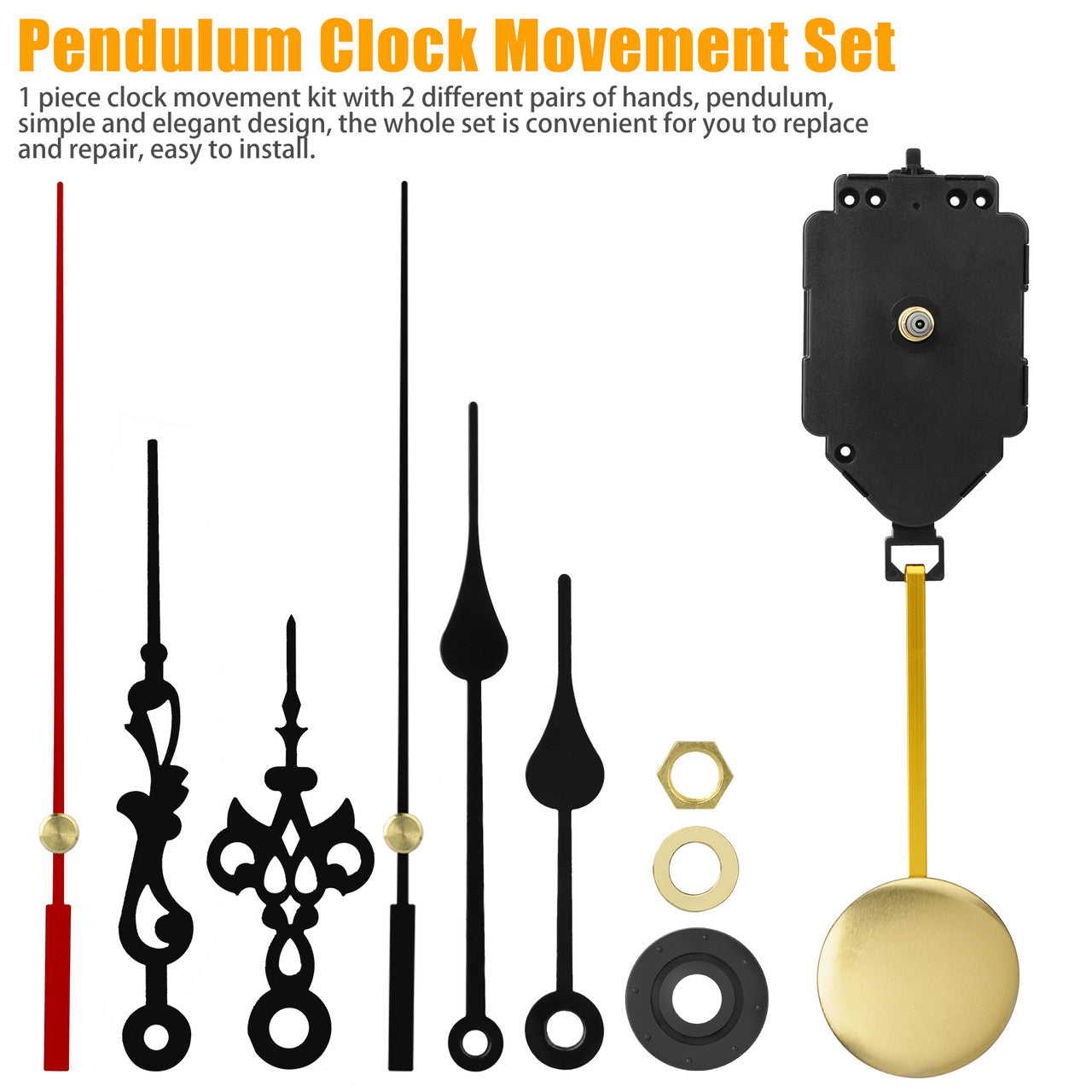 Replacement Repair Quartz Pendulum Clock Movement Set with 2 Pairs Hands