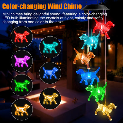 Crystal Dog Solar Powered Waterproof Color Changing LED Wind Chimes for Home, Garden