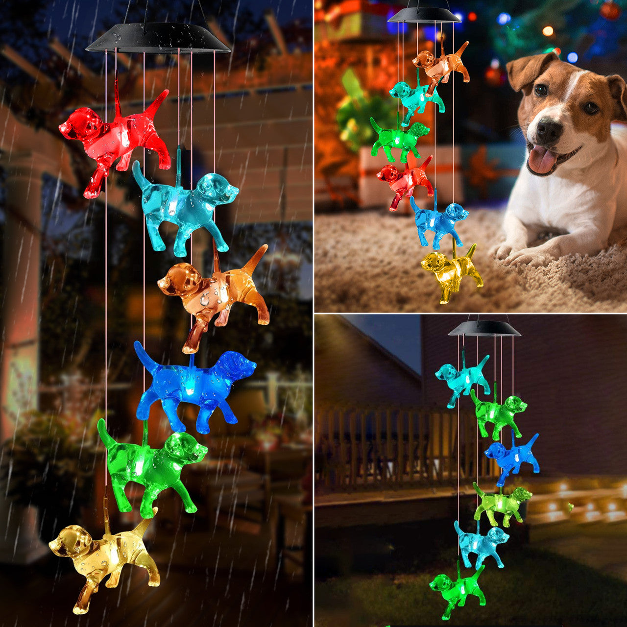 Crystal Dog Solar Powered Waterproof Color Changing LED Wind Chimes for Home, Garden