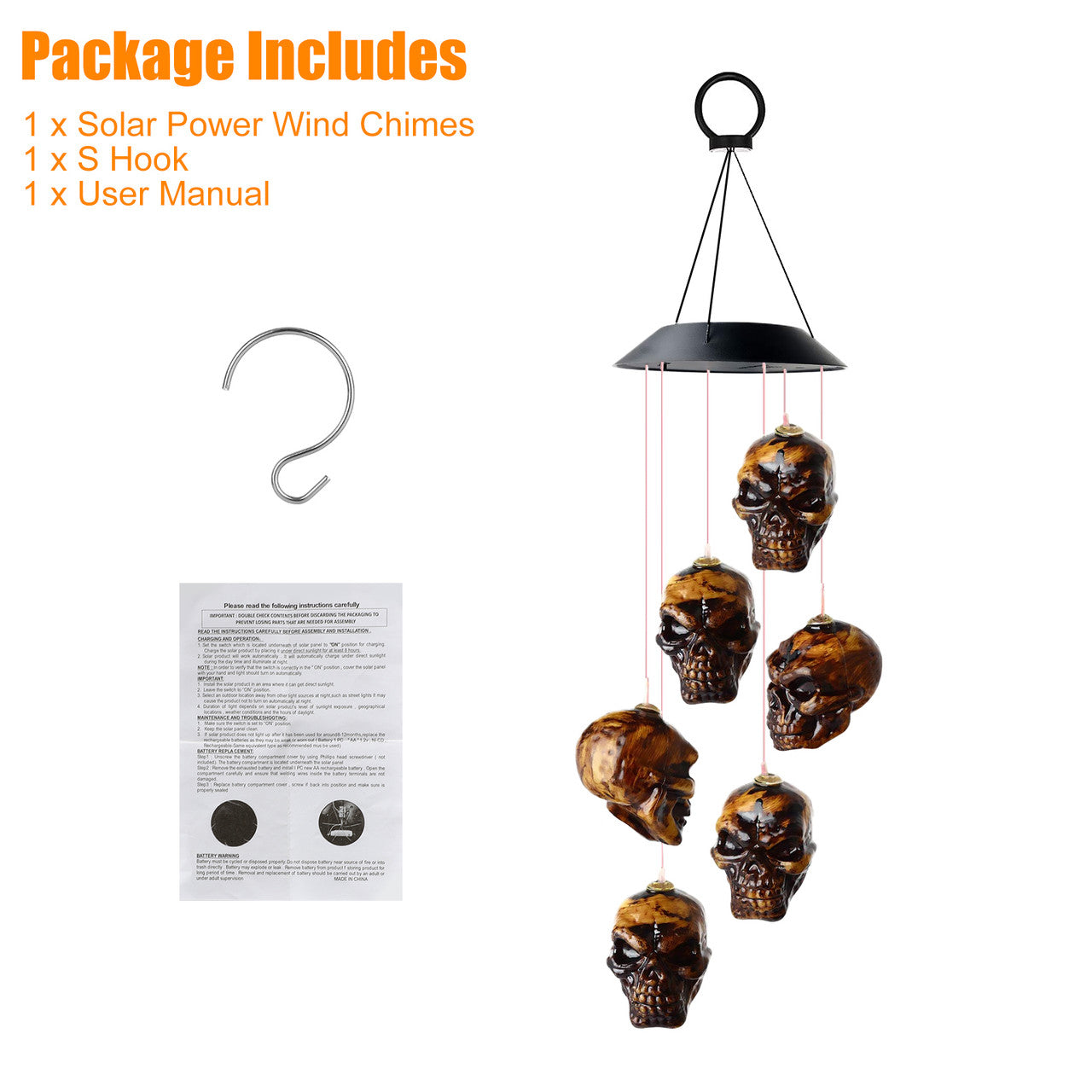 Skeleton Skull Waterproof Solar Powered LED Wind Chimes