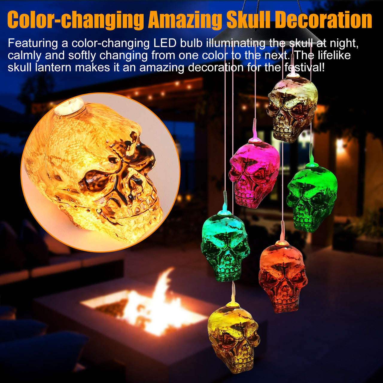 Skeleton Skull Waterproof Solar Powered LED Wind Chimes