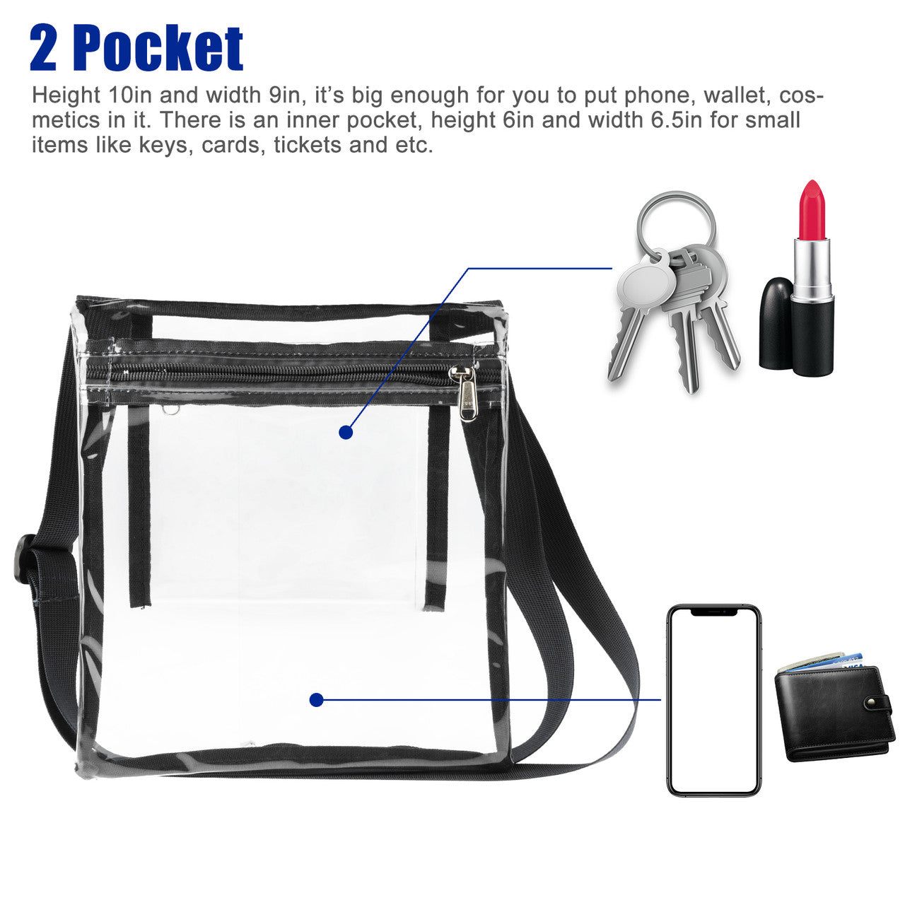 Black Transparent Crossbody Bag with Adjustable Strap Stadium Approved Security Approved