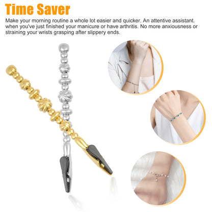 2 Pcs Hand Bracelet Wearing Helper Stick Tool - Long Clamp Fixed Hand Chain Aids with Bracelet Ties Watch Clasps Zippers (Gold+Silver)