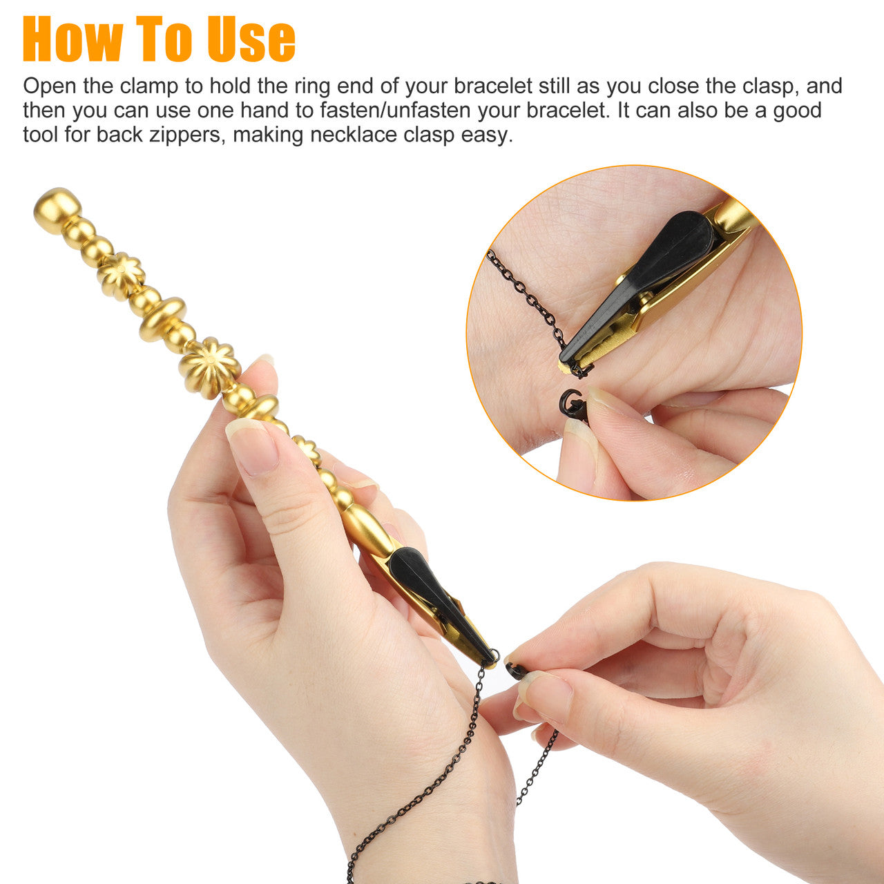 2 Pcs Hand Bracelet Wearing Helper Stick Tool - Long Clamp Fixed Hand Chain Aids with Bracelet Ties Watch Clasps Zippers (Gold+Silver)