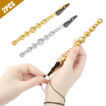 2 Pcs Hand Bracelet Wearing Helper Stick Tool - Long Clamp Fixed Hand Chain Aids with Bracelet Ties Watch Clasps Zippers (Gold+Silver)