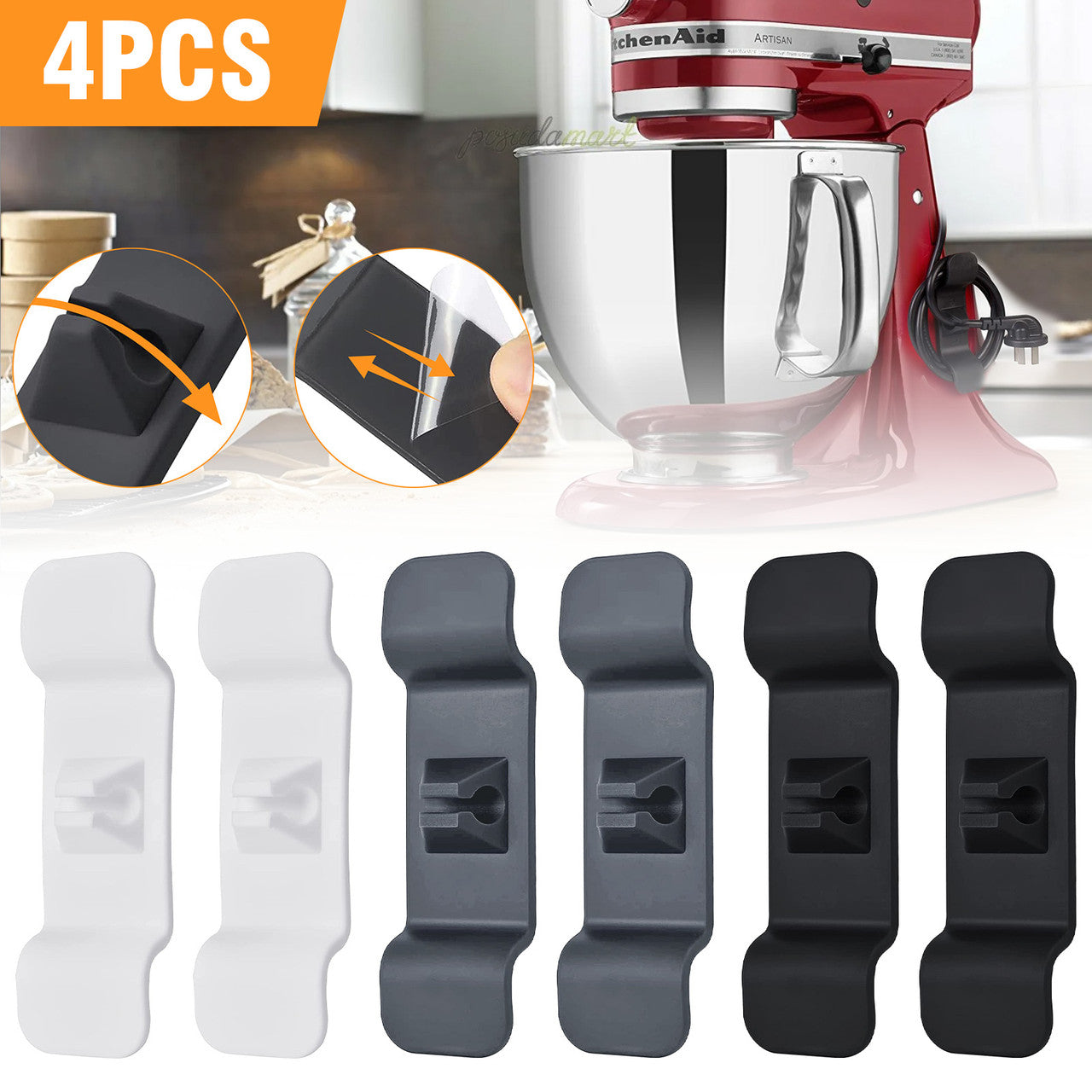 Sturdy Kitchen Winder Sticky Pads with a Wide Range of Uses, Easy to Install, White and Black, 4pcs