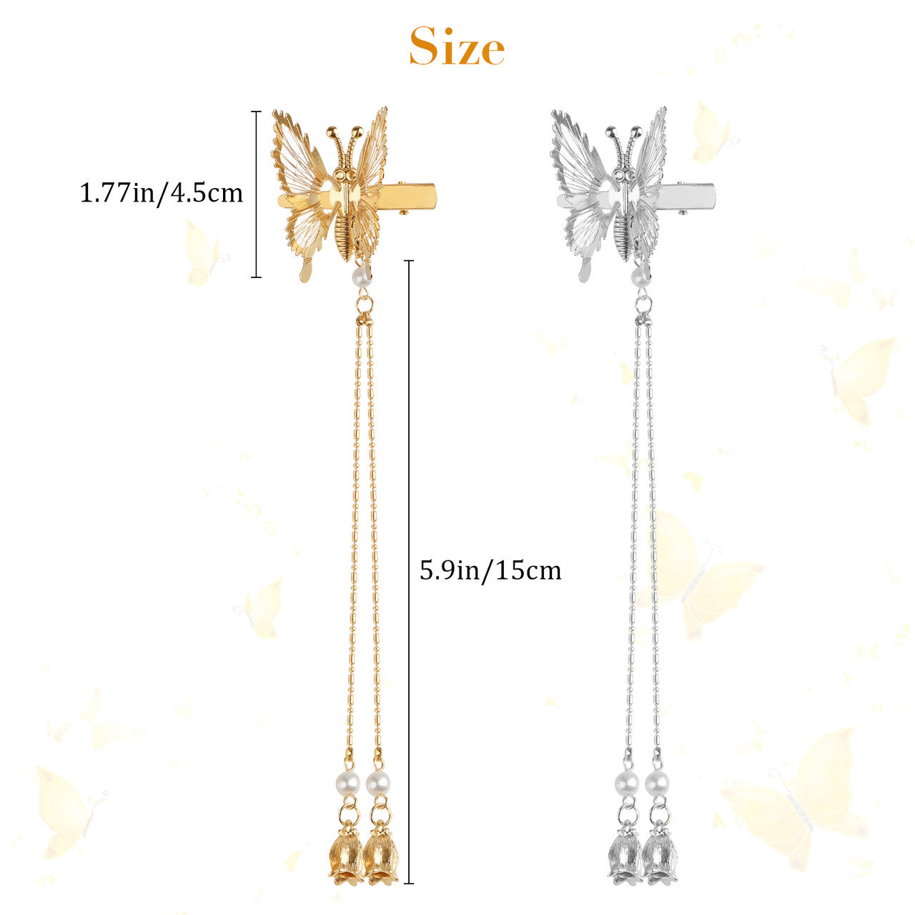 Elegant Design Tassel Butterfly Hair Clip, Perfect as a Gift for Woman and Girls, Silver, 2PCS