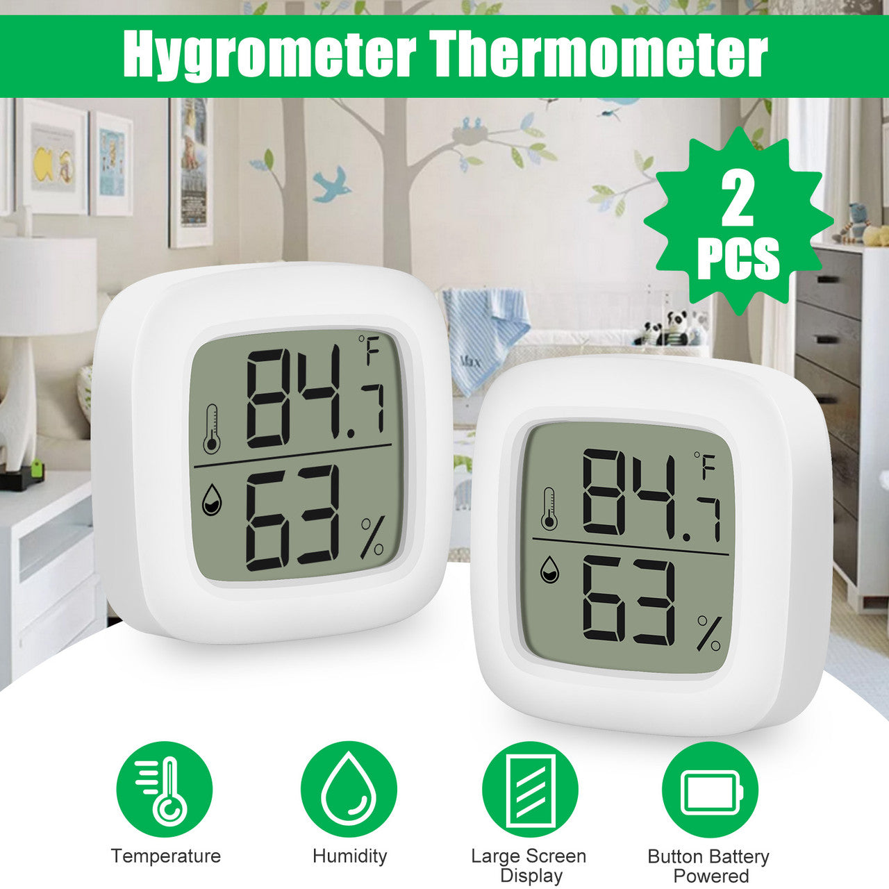 Digital Thermohygrometer with a Compact LCD Display, Lightweight and Compact, 2Pack