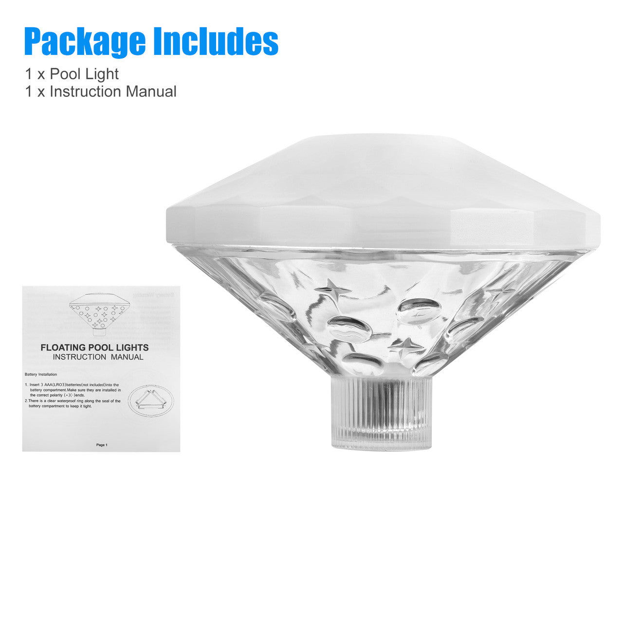 LED Diamond Pool Light with 8 Different Light Modes, IP67 Waterproof Rating, Batteries Required