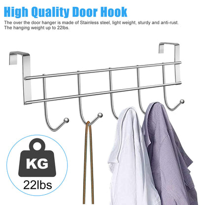 Over The Door Hook Hanger Organizer Rack–Supply Guru 5 Hooks Hanging for Clothes/Towels/Coats/Backpack/Hat/Robes, Over Door Coat Rack (Silver)