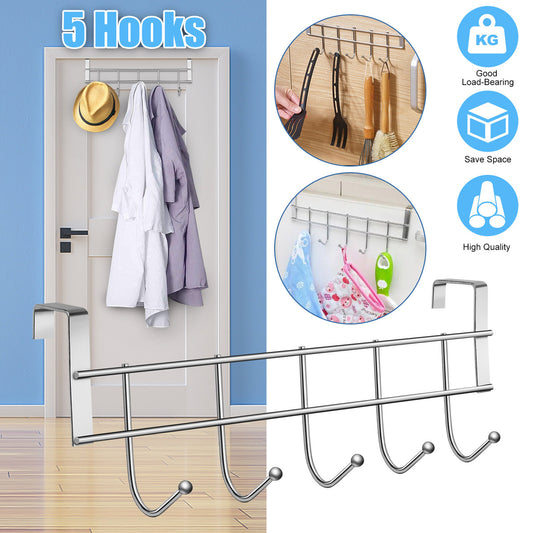 Over The Door Hook Hanger Organizer Rack–Supply Guru 5 Hooks Hanging for Clothes/Towels/Coats/Backpack/Hat/Robes, Over Door Coat Rack (Silver)