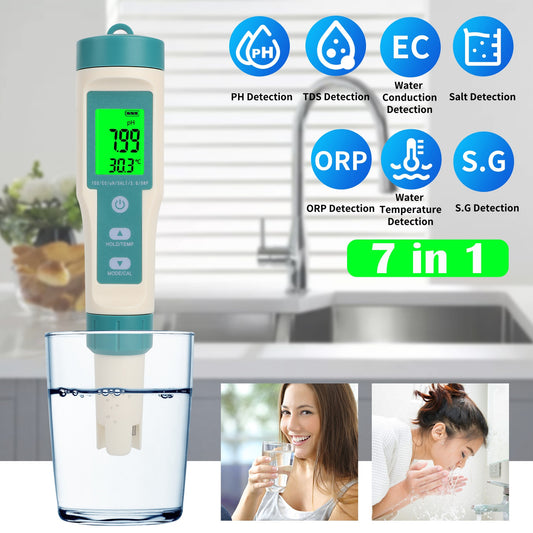 7-in-1 Water Quality Test Pen - Tester Measures Water by PH TDS EC ORP S.G Water Salinity Temp