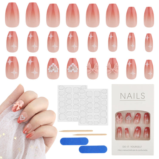 24 Packs Press on Extra Long Fake Nails-Acrylic Ballet French Glossy Glue on Nails False Nails for Women and Girls