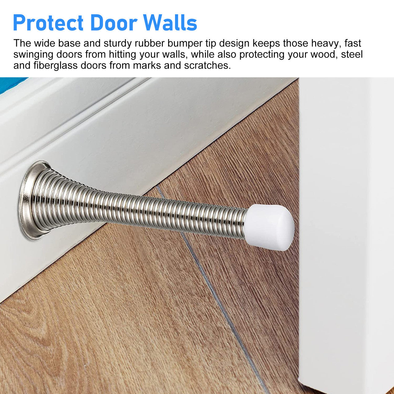 10 Packs Spring Door Stop - Protecting Your Wood, Steel and Fiberglass Doors from Marks and Scratches, Spring Door Stopper with White Rubber Bumper Tips (Silver, White Bumpers)