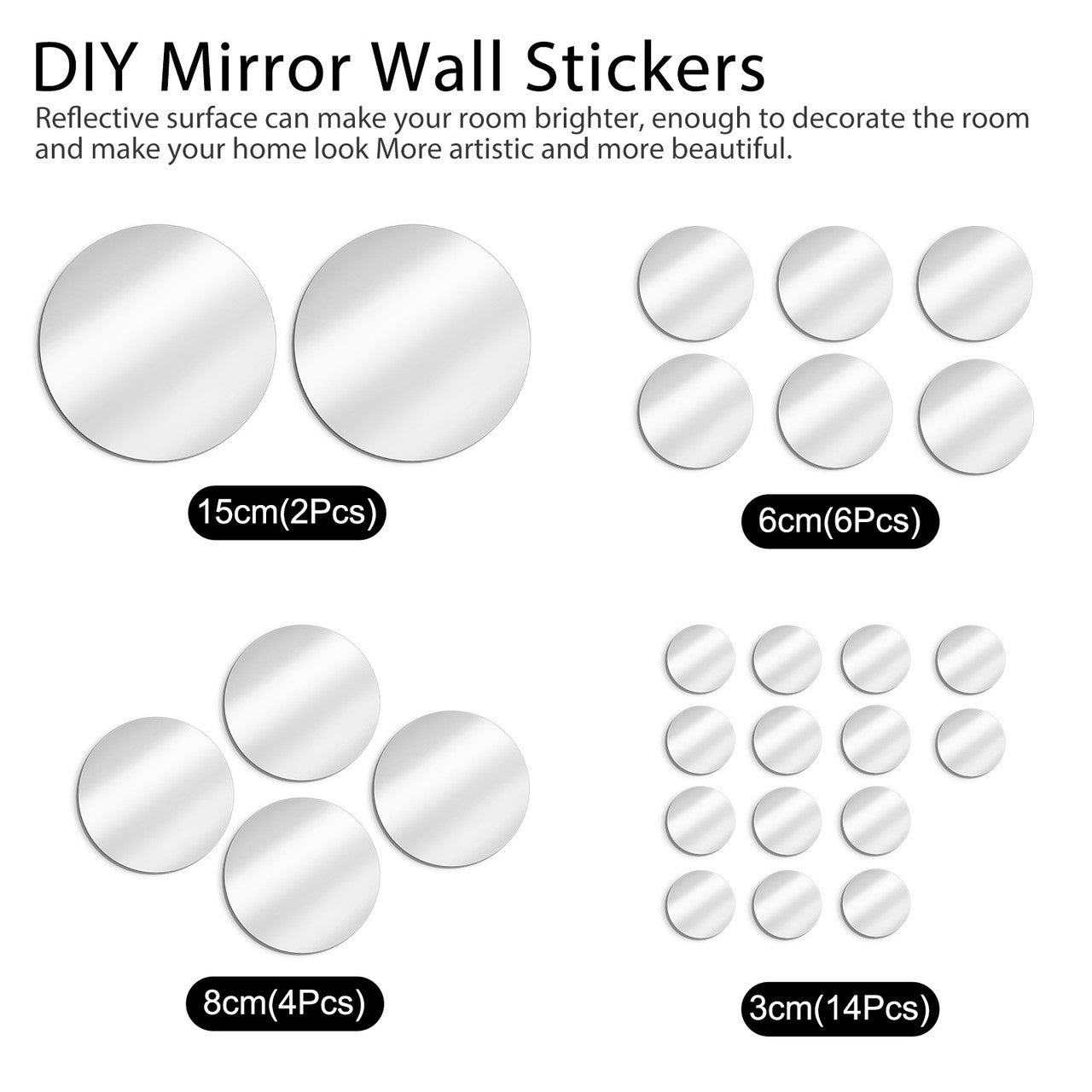 26 Pcs Removable Acrylic Mirror Wall Sticker - Adhesive Round Circle Mirror Tiles Decals for Home Living Room Bedroom Decor ( 4 different sizes)