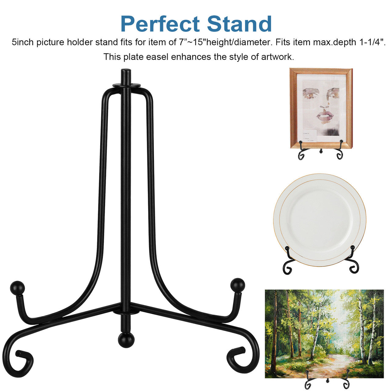 4 Pcs Wrought Iron Plate Holders - 5" Stands for Display, Picture Frame, Decorative Plate, Dish, Book (Black)