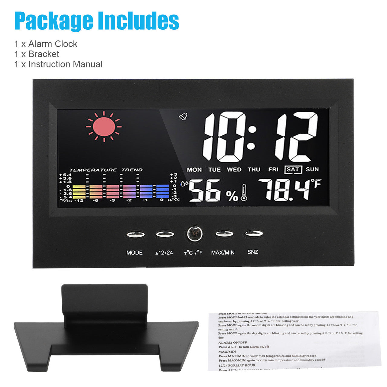 LED Color Screen Digital Weather Clock - With Humidity, Indoor Temperature, Moon Phase, Bedroom Electric Clocks  Date/Weekday/Auto Dst/USB Ports (Black)