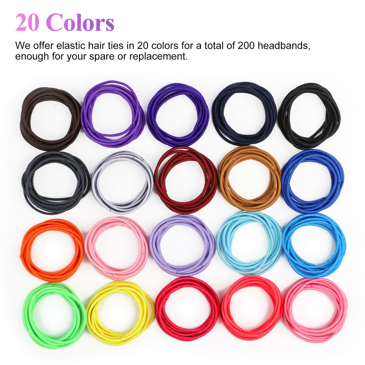 200 Elastic Hair Ties 20 Colors - Ready for All Occassions Girls Teens Adults Women