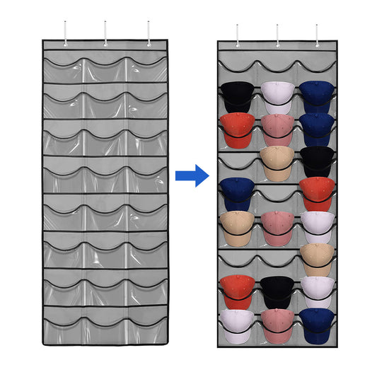 24 Pocks over Door Ball Cap Organizer 62” X 27” X 24” - Clear Pocket Windows Flexible Large Pockets of the Cap Rack (Grey)